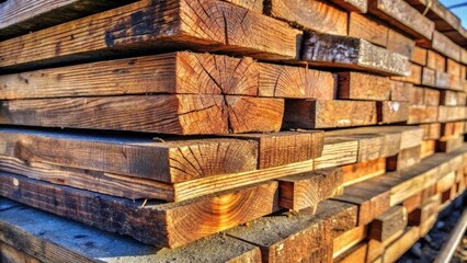 Wall Mural - A close-up of stacked weathered wooden planks with visible grain and knots, showcasing the natural beauty of rough-hewn timber