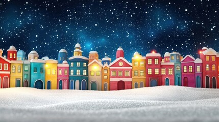 Wall Mural - Colorful Christmas village at night with twinkling lights and sparkling snow, enchanted holiday setting, 3D illustration