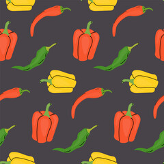 Colorful pattern of bell peppers and chili peppers on a dark background