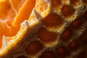 Poster - A close-up photograph of an orange group's textured surface, brightly illuminated to capture the intricate details and pattern resembling organic architecture.