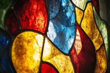 Aufkleber - This image showcases a vibrant stained glass composition, featuring red, blue, and yellow hues, bathed in sunlight. Perfect for artistic and architectural explores.