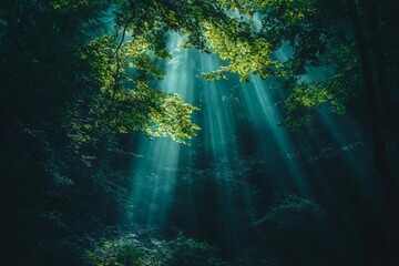 Aufkleber - Sunlight streams through the canopy, illuminating a lush green forest, creating a serene and tranquil natural scene with deep shadows and vibrant greenery.