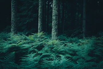 Poster - The forest floor is carpeted with vibrant ferns, nestled among towering trees, creating a lush, serene environment that invites peaceful introspection.