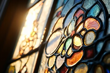 Aufkleber - This image showcases a close-up of vivid stained glass segments, with the sun illuminating various colors and shapes, demonstrating the art's intricate craftsmanship.