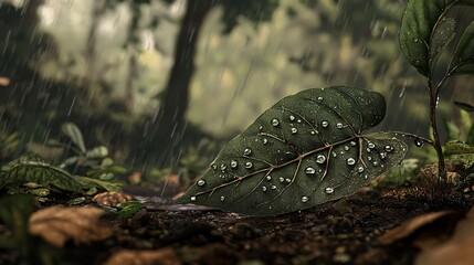 Poster - Explore the beauty of nature through a close-up macro shot of a leaf adorned with raindrops