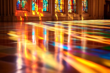 Aufkleber - Sunlight streams through colorful stained glass windows, casting vivid and intricate patterns of light and color on the polished floor of a cathedral interior.