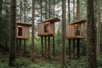 Aufkleber - Three minimalist treehouses elevated on tall stilts, surrounded by a dense forest, showcasing eco-friendly design and integration with nature, perfect for forest retreats.