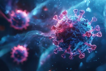 Poster - Vivid representation of a virus in a microscopic environment showcasing intricate details