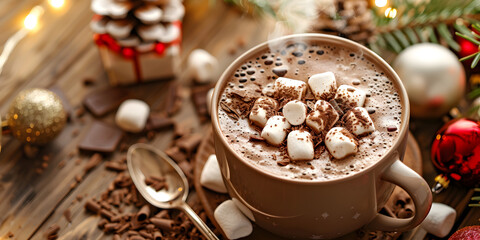 Rustic hot chocolate with marshmallows and chocolate shavings on wooden table, a perfect cozy treat