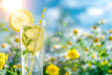 Tall glass of lemonade with ice, lemon slice, and striped straw in sunny garden