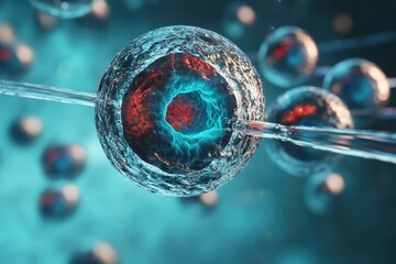 Poster - Cells are shown transforming under microscopic observation in a colorful laboratory environment