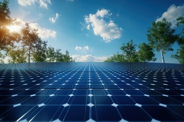 Wall Mural - Expansive solar panel field under a vibrant blue sky with wispy clouds on a sunny day