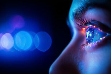 Poster - a human eye gleams with vibrant digital lights, illustrating the fusion of technology and biology in