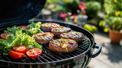 Juicy burger patties on a grill with sliced tomatoes and lettuce beside it.