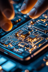 Poster - Hands carefully assemble a circuit board filled with illuminated components in a workshop during nighttime