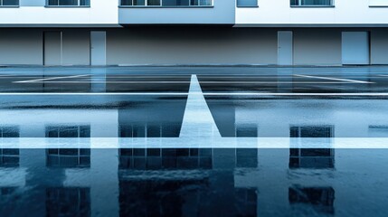 Poster - A reflective view of a parking lot with modern architecture in the background.