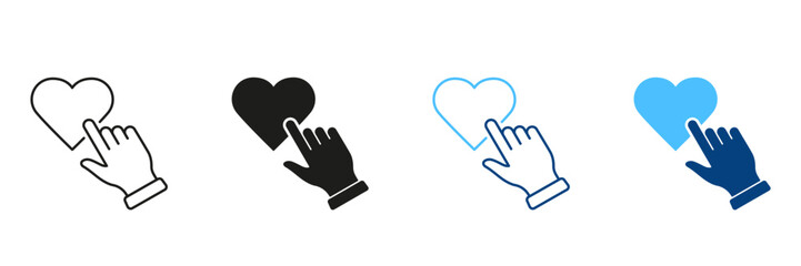 Poster - Finger Tap On Heart Line and Silhouette Icon Set. Human Hand Click Heart Shape Button Pictogram. Love At Valentine's Day Symbol. Editable Stroke. Isolated Vector Illustration