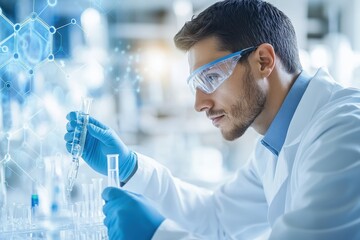 Poster - scientist conducting experiments in a laboratory focusing on chemical reactions and analysis