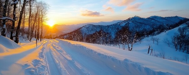 Powdery alpine slopes, isolated ski trail with panoramic views, soft morning light, fresh winter snow, trail powder, extreme adventure