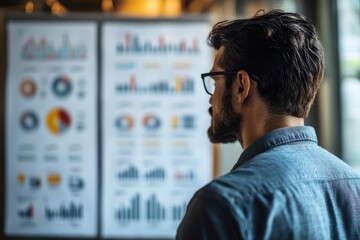Poster - Man analyzes business charts and graphs in a modern office environment during the afternoon