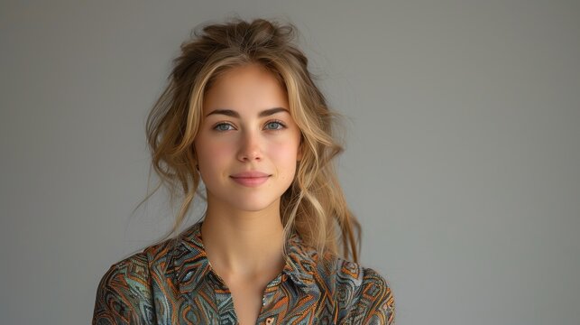 Portrait of a young woman wearing a patterned blouse, confident expression, soft background for text placement, ideal for editorial use or personal branding.