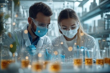 Poster - a man and woman in lab coats conduct experiments with liquid samples, focused on their tasks
