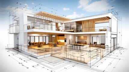 Poster - vision of architecture of a 3d model house project with blueprint