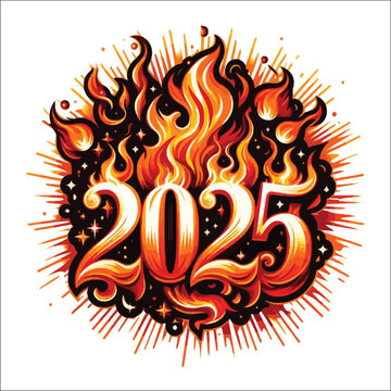  Fiery 2025 In Flames New Year Clipart Illustration  vector on white background 