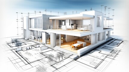 Wall Mural - vision of architecture of a 3d model house project with blueprint