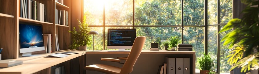 Poster - A Modern Home Office with a View of Greenery