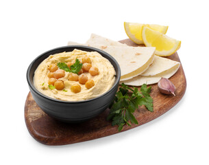 Delicious hummus with chickpeas and pita isolated on white