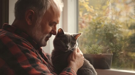 Senior man in a plaid shirt petting a gray cat, standing by a window with a garden view, sunlight filtering through