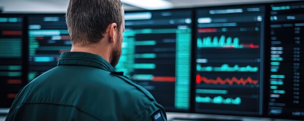 Poster - A person in uniform monitors multiple high-tech screens displaying complex data and analytics.