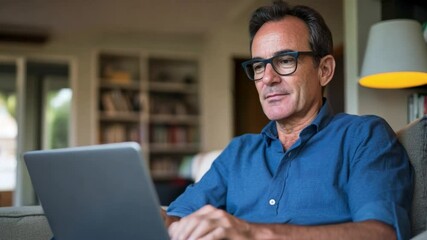 Poster - A man working on a laptop at home, focused on his task while sitting comfortably on a couch in a well-lit living room