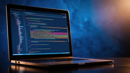 Poster - Close-up of a Laptop Displaying Colorful Code on the Screen With a Blurred Background at Night
