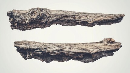 Poster - Two Rough, Weathered, and Knotted Pieces of Driftwood Isolated on a White Background