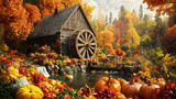 An idyllic mill with a wooden wheel, surrounded by autumn flowers and vegetables, capturing the spirit of Thanksgiving.