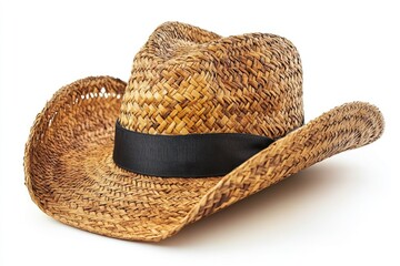 Straw cowboy hat with black ribbon for men and women.