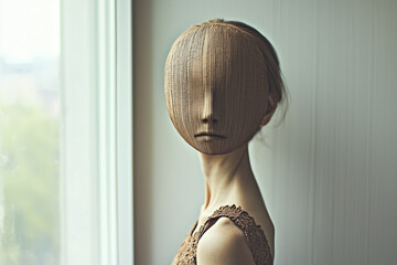 Poster - woman with smooth, featureless face stands by window, creating eerie and surreal atmosphere