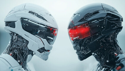 Poster - Two futuristic robots face each other, showcasing advanced technology and design. Their sleek, metallic exteriors and glowing red eyes create striking, symmetrical composition