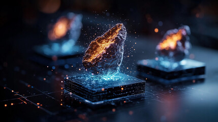 Poster - glowing rock levitates above digital platform, surrounded by futuristic, high tech environment. scene is illuminated with vibrant blue and orange hues, suggesting advanced technology and innovation