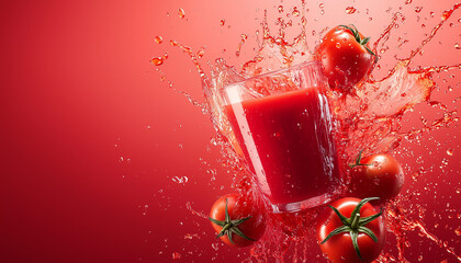 Poster - vibrant splash of fresh tomato juice with whole tomatoes on red background, capturing essence of freshness and vitality