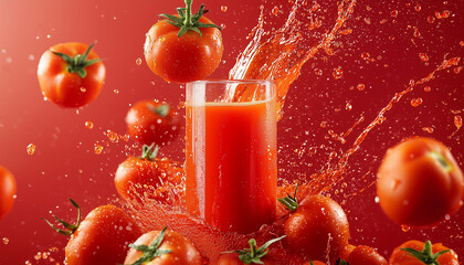 Poster - Fresh tomatoes splash around glass of vibrant tomato juice, creating dynamic and refreshing scene against red background