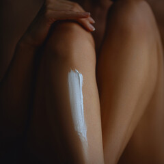 Woman applying white nourishing cream on shin leg. Close-up of shins and knees. Body care