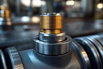 Poster - A detailed view of a metallic valve component highlights precision and craftsmanship in a manufacturing environment