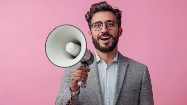 businessman Hand holding a megaphone on pastel background, promotion marketing concept