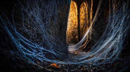 Poster - A dimly lit cave adorned with intricate spider webs, creating a mysterious atmosphere.