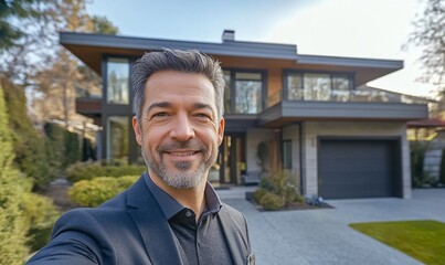 A smiling middle-aged man stands in front of a modern home taking a selfie.