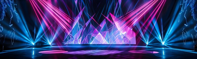 Wall Mural - Background of empty stage show. Neon light and laser show. Laser futuristic shapes on a dark background. Abstract dark background with neon glow. 