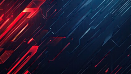 Poster - Abstract background with neon arrows on dark blue and red colors. glowing lines for design, digital display, or virtual show in the night club